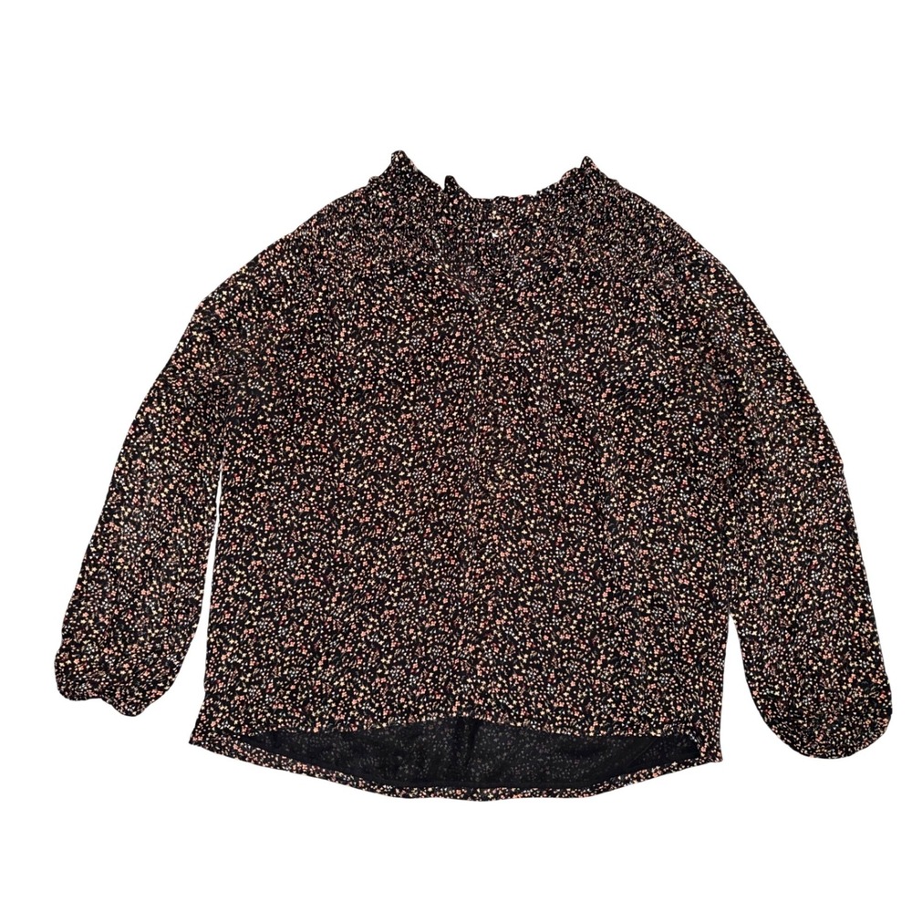 Pleione Womens XL Black Floral Smocked High Neck Blouse Cottagecore Boho